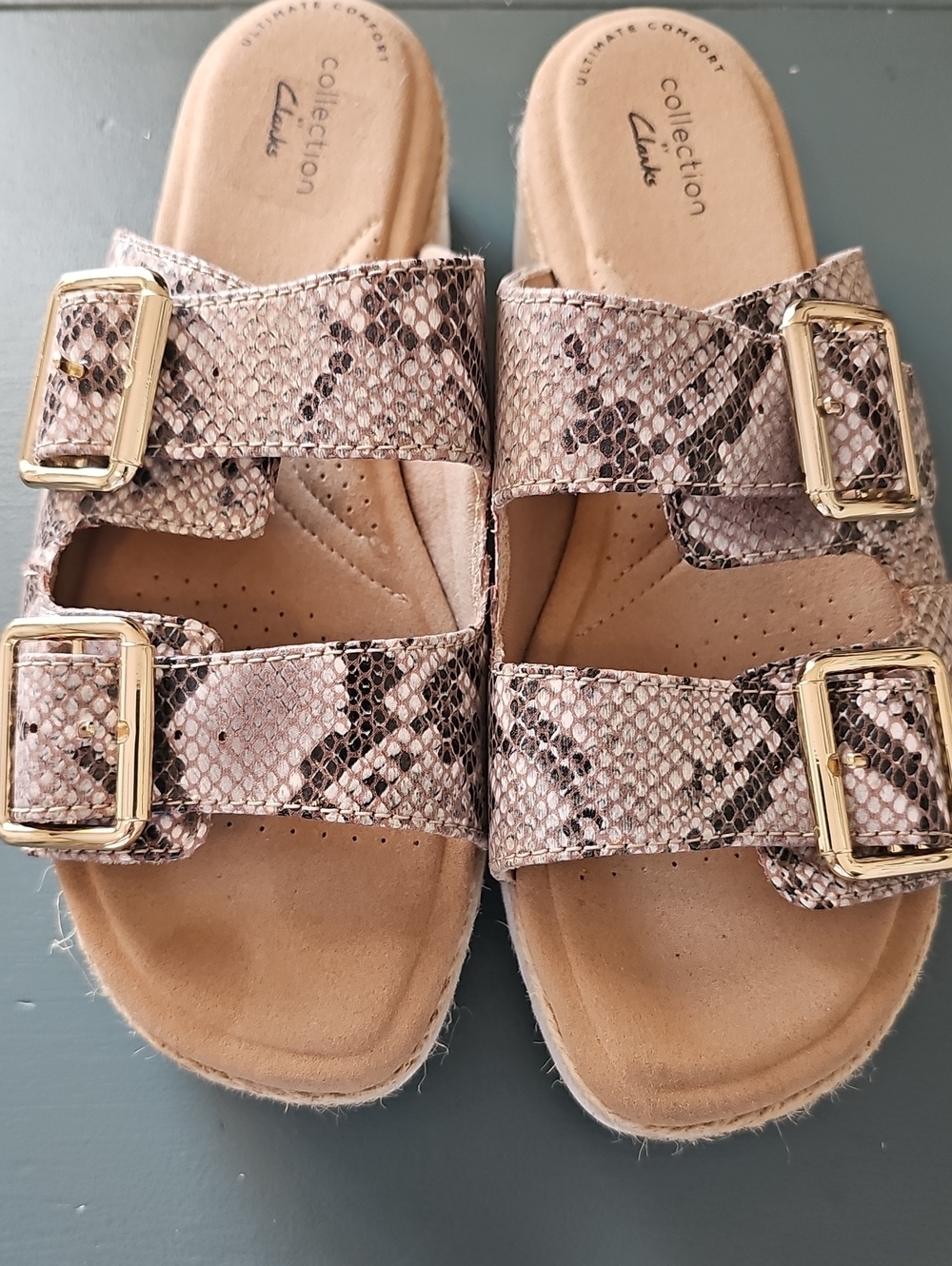 Clarks Collection Snake-Print Double Strap Sandal in Taupe. Size 7. Adjust Strap